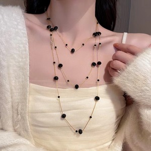 Fashion Beaded <b>Necklace</b> Multi Layer <b>Long</b> Chain Black Round Pendant Zinc Alloy Women's Jewelry Accessory - Product Image 2