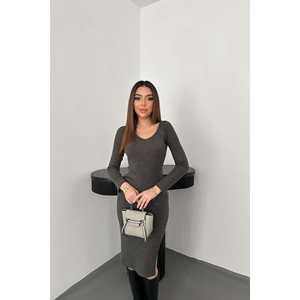 Jupe en nylon imprimé anthracite en gros avec fente, robe midi décontractée ample à manches courtes, approvisionnement ODM pour les saisons d'automne et de printemps - Product Image 3