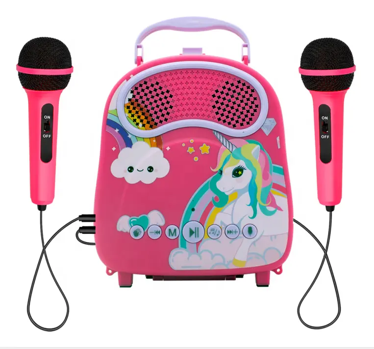 Máquina de Karaoke de colores para niños, altavoz portátil con juegos de dos micrófonos para regalo