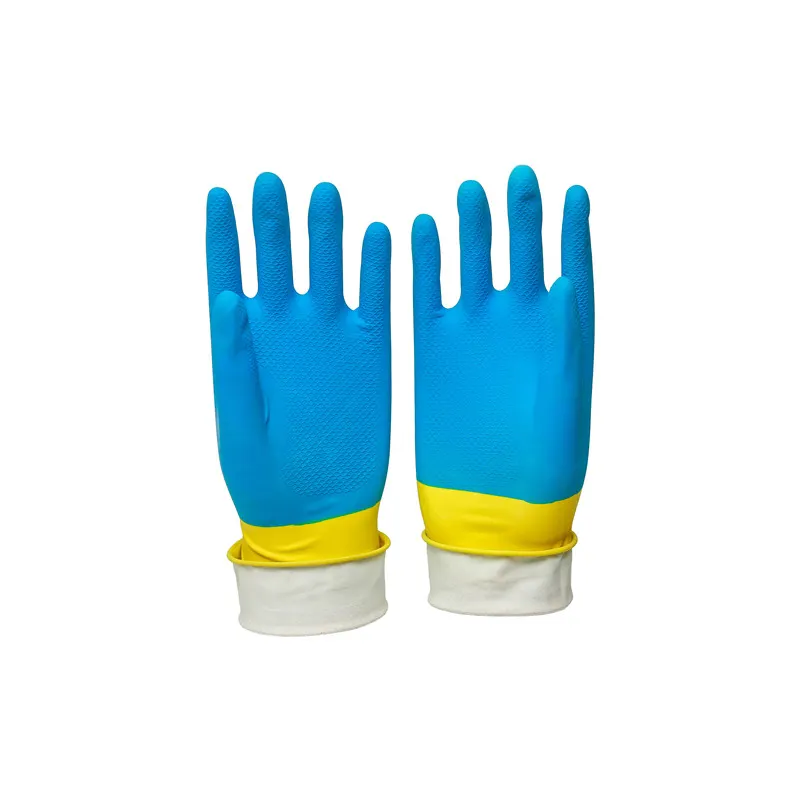 Nuovi prodotti caldi giallo e blu bicolore in lattice per uso domestico guanti in lattice da cucina per la pulizia universale e lavastoviglie guanti in lattice