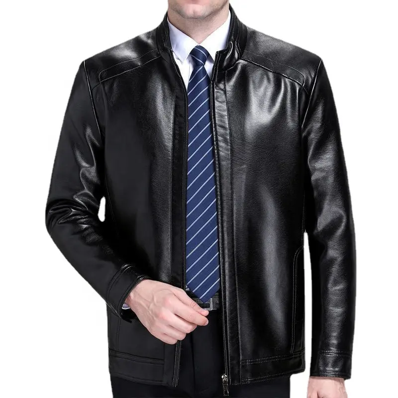 autumn standing collar leather coat men thin PU leather middle-aged men's leather men's middle jacket Down jacket