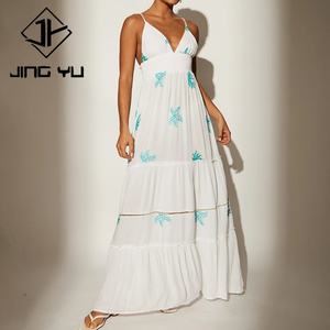 Wholesale Beach Fashion Embroidered Sequined Flowing Summer Evening <b>Dress</b> Custom 100% <b>Viscose</b> Maxi <b>Dress</b> - Product Image 2