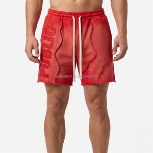 Shorts de jogging pour hommes OEM&ODM en coton épais 100% avec appliques, ourlet brut, style streetwear, délavé soleil, effet monkey wash et cordon de serrage - Product Image 3
