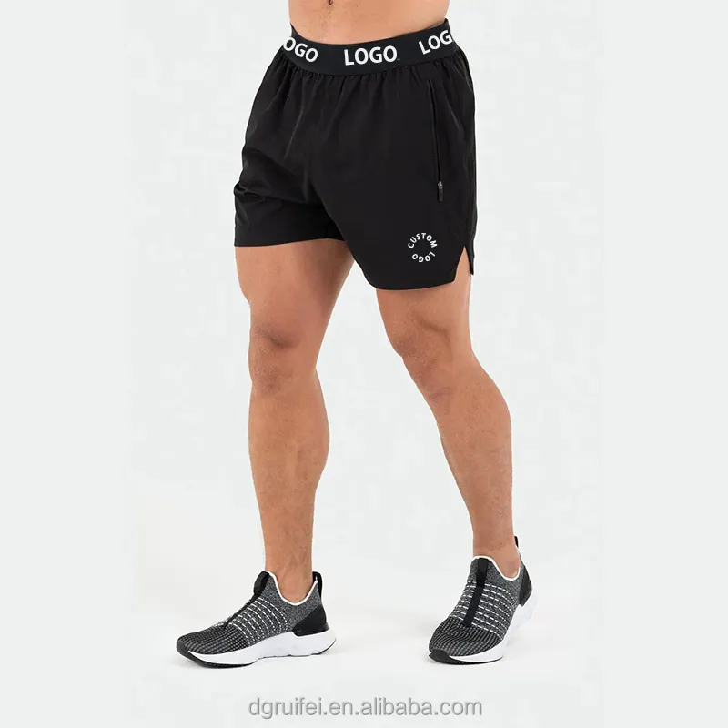 Custom logo waistband sustainable split hem pour hommes 5 inch inseam sports activewear workout athletic gym shorts for men