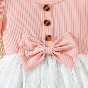 ชุดเดรสเด็กผู้หญิงแขนระบายประดับโบว์ใหญ่ผ้าลูกไม้ปะติดปะต่อสไตล์เจ้าหญิงลำลองสำหรับฤดูร้อน - Product Image 3