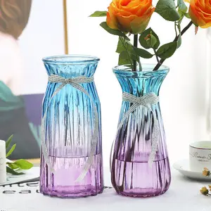 北欧垂直条纹百合向日葵玫瑰玻璃花瓶蓝紫色渐变高档装饰花瓶