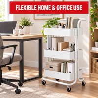 Chariot utilitaire roulant en métal à 3 niveaux, chariot de rangement mobile robuste avec poignée ergonomique et roulettes verrouillables pour la maison et le bureau
