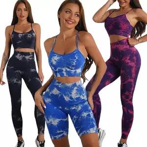 Newest Style Marble Knit Yoga Sets High Elastic Workout Clothing Women Seamless Tie Dye Sports Shorts Bra And Leggings Yoga Set
