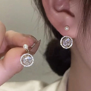 Elegant Faux Pearl Stud Earrings Sparkling Zircon Accent Princess Style Women Fashion Jewelry Daily Wear Gift - Product Image 1