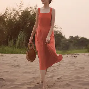 Custom Red Solid Color Ladies Summer Button Loose Casual Dresses Sleeveless Square Neck Cross Midi Cotton Linen Dress For Women