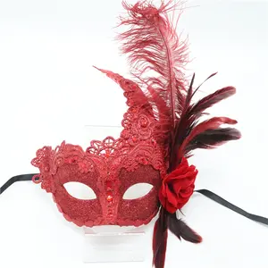 factory-made Holiday printed PC party mask plastic feather masquerade ball mask with lace material for party and celebrations