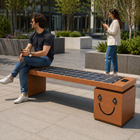 Banc solaire intelligent en forme de U à motif bois, avec port de charge USB, sans dossier, pour espaces publics et de loisirs