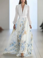 Mode Musim Panas Wanita Amerika Eropa 2025 Model Baru Cetak Digital V-Neck Motif Tanaman Bunga Patchwork Elegan Pinggang Sedang