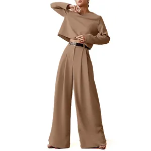 사용자 정의 크루 넥 느슨한 풀오버 넓은 다리 긴 바지 여성 세트 두 조각 패션 캐주얼 정장