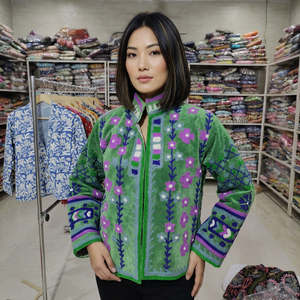 Women's O-Neck Full Sleeve Breathable <b>Velvet</b> <b>Jacket</b> Hand Drawn Printed Floral Stripe Pattern Cotton Lining Winter Prairie Chic - Product Image 1