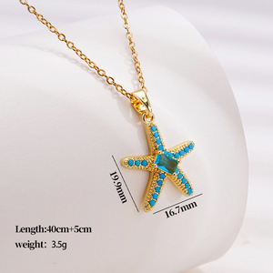 Collier Pendentif en Laiton Plaqué Or Série Océan avec Zircon Cubique CZ, Motifs Étoile de Mer, Dauphin, Hippocampe, Queue de Sirène, Bijou de Cou Tendance pour Femme - Product Image 5