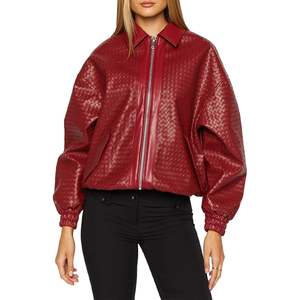 Chaqueta de Cuero PU Roja Personalizada 2026 para Mujer, Estilo Bomber Acolchada con Cierre, Chaqueta de Invierno Estilo Y2K, Manga Larga, Tejido Entrecruzado - Product Image 5