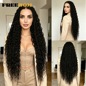 Perruque FREEDOM 13X4 synthétique tressée avec dentelle transparente pour <span class=keywords><strong>femme</strong></span>, 32 pouces, pour tresses torsadées brunes, fausses locks, usage quotidien - Product Image 2