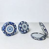 Cermin Kompak Pola Mandala Biru Vintage, Cermin Rias Saku Lipat Dua Sisi, Cermin Kosmetik Portabel untuk Perjalanan, Cocok untuk Hadiah
