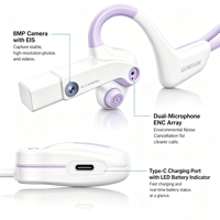Casque intra-auriculaire avec caméra IA 8MP EIS 1080P, BT5.3 IP65 ENC, Type-C LED KWS Voice, TF 32GB Mains Libres, Fabrication OEM