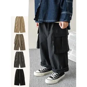 N3586 fábrica personalizada 100% algodón Casual pantalones de pierna recta para niños al por mayor Multi bolsillos Streetwear niños Cargo pantalones niños