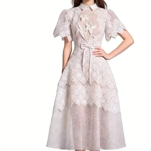 Vestido Midi de Encaje Geométrico para Mujer - Vestidos Formales con Cuello y Apliques Florales en 3D, Moda Femenina - Product Image 6