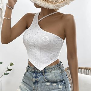Tops cortos acanalados sin mangas con cuello asimétrico sexy para mujer Body recortado de un hombro en B-White Slim Fit Cami - Product Image 1