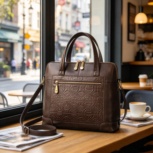 Sac à main en cuir gaufré marron foncé pour femme avec poignée supérieure, fermeture éclair dorée, bandoulière amovible, sac fourre-tout rétro pour le bureau - Product Image 4