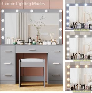 Tocador de Maquillaje Moderno Wenfeng para Mujer Gris OEM/ODM con Taburete, Espejo Iluminado, 3 Modos de Iluminación y Brillo Ajustable - Product Image 3
