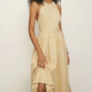 Robe longue plissée unie décontractée dos nu sexy moulante en lin pour femme – Idéale pour les soirées – Grande Vente - Product Image 1