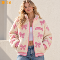 Veste en polaire Sherpa pour femme avec broderie de nœuds, appliqués, patchwork, surpiqûres, fermeture éclair intégrale, poignets et ourlet côtelés, manteau d'hiver
