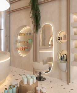 Présentoir cosmétique rouge en bois personnalisable en usine avec éclairage LED pour masque et îlot central - Product Image 2