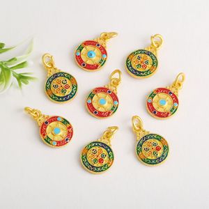 Pendentif traditionnel tibétain avec mantra à six syllabes et incrustation de turquoise, forme ronde, composants de bijoux pour accessoires de collier DIY - Product Image 1