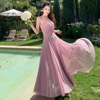 Robe longue en tulle tissé à fines bretelles pour femme, taille naturelle, style doux, corsage froncé, accent strass pour soirées