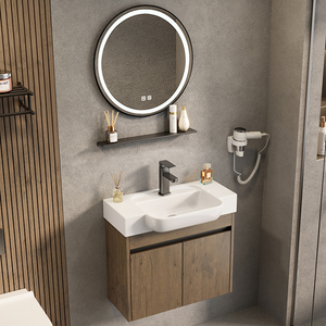 <span class=keywords><strong>Mobile</strong></span> <span class=keywords><strong>Bagno</strong></span> Moderno Sospeso in Alluminio a Nido d'Ape con Finitura Noce, Specchio LED Intelligente e Lavabo in Ceramica - Set Unità Hotel - Product Image 4