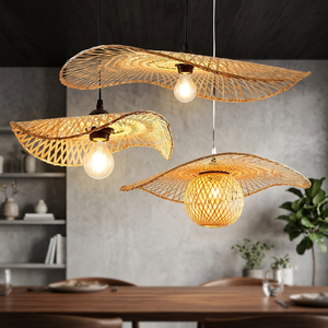 Lámpara de Techo Ovalada de Bambú y Ratán Hecha a Mano, Altura Ajustable, Control Remoto, E26, Ahorro de Energía, 2700K, Luz Blanca Cálida para Sala de Estar - Product Image 3