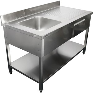 Évier de préparation autoportant pour <span class=keywords><strong>restaurant</strong></span> - Évier simple en acier inoxydable avec égouttoir, tiroir de rangement et étagère pour la restauration hôtelière - Product Image 2
