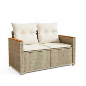Canapé de jardin en rotin beige deux places, mobilier d'extérieur avec coussin en mousse haute densité, design contemporain durable - Product Image 1