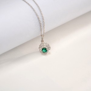 925 Sterling Silver Halo <b>Pendant</b> Necklace, Round Cut Lab Created <b>Emerald</b> with CZ Accent - Product Image 3