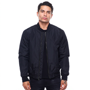 Chaqueta Bomber Negra para Hombre, Color Sólido, Cierre de Cremallera, Cuello Alto, Informal, Resistente al Viento, Relleno de Poliéster, para Otoño - Product Image 1