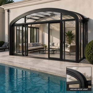 Véranda moderne <span class=keywords><strong>de</strong></span> luxe personnalisée en alliage d'aluminium noir avec toit arqué et porte coulissante pour <span class=keywords><strong>piscine</strong></span> - Product Image 3