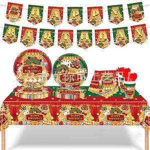 Casino Themed Party Supplies Disposable <b>Tablecloth</b> Plates Cutlery Birthday Decorations Set Gold Red Green - Product Image 1