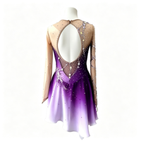 Costume de patinage artistique violet dégradé lavande, robe à manches longues en maille avec dos ajouré et strass pour performance des filles adultes
