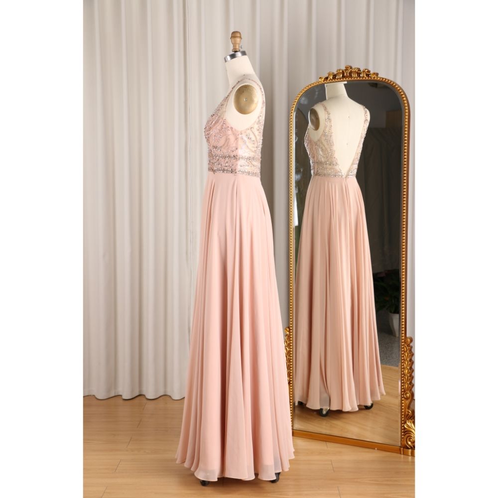 champagne chiffon low shoulder