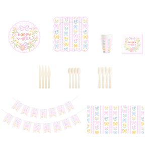 DAMAI HAPPY <b>EASTER</b> Party Supplies Pastel Bow Themed Tableware Set for Scalloped Paper Plates and <b>Cups</b> Napkins Sets - Product Image 5