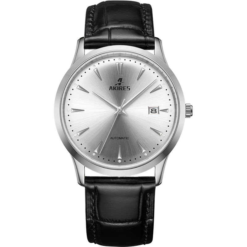 Silver case white dial black band