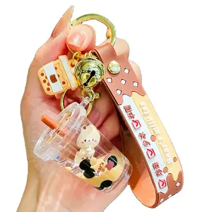 Fashion Key Ring Cute Mini Cartoon Cat Milk Tea Bottle Keychain