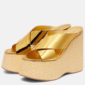 Mules à talons compensés hauts pour femmes, en cuir verni croisé, avec plateforme tressée, style escarpins à motifs en bois - Product Image 4