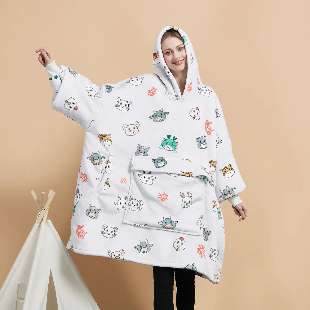 Wholesale Kids Adult Soft Warm Sweatshirt Fleece Sherpa Printed Oversized Animal Hooded Blanket Custom Baby for Kids
