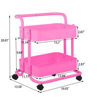 Chariot de rangement à roulettes en fer rouge rose à 2 niveaux avec poignée et roues en plastique